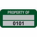 Lustre-Cal Property ID Label PROPERTY OF 5 Alum Green 1.50in x 0.75in 1 Blank Pad&Serialized 0101-0200,100PK 253769Ma2G0101